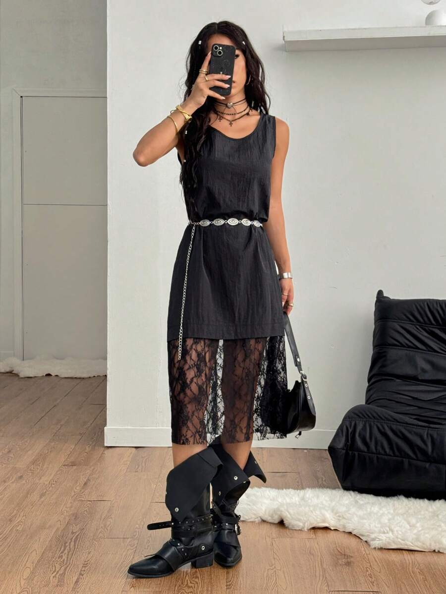 Comfortcana שמלה שחורה ארוכה, וינטג', בייסיק תחרה רופפת - שחור - ראה 1