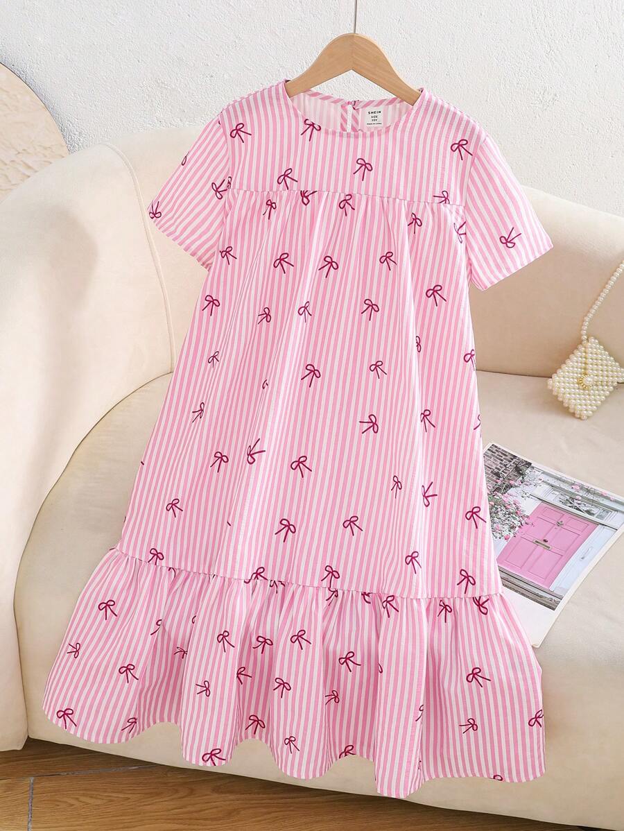 SHEIN Leap Crew Tween 女童蝴蝶结条纹圆领短袖宽松 A 字形连衣裙 - 粉色 - 查看 1
