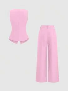 SHEIN Unity Black Single-Breasted Decorative Button Vest & Wide-Leg Pleated Pants Set - Pink - View 2