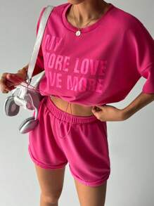 SHEIN Sport Studio Women's Letter Print Drawstring Hem Top And Elastic Waist Shorts Set, Sports Outfit