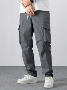Manfinity Homme Men's Solid Color Pocket Summer Pants, Fashionable Baggy Cargo Pants, Fall - Grey - View 3