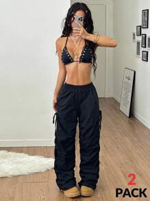 Coolane 2pcs Women Summer Fashion Solid Color Camisole Top And Pants Set - Black - View 2