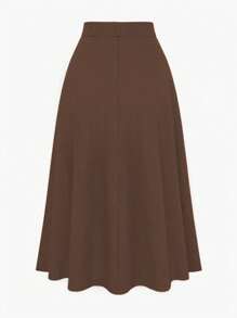Femmeverse Women Plus Solid Button Decor A Line Skirt Fall Cloth For Women - Coffee Brown - View 2