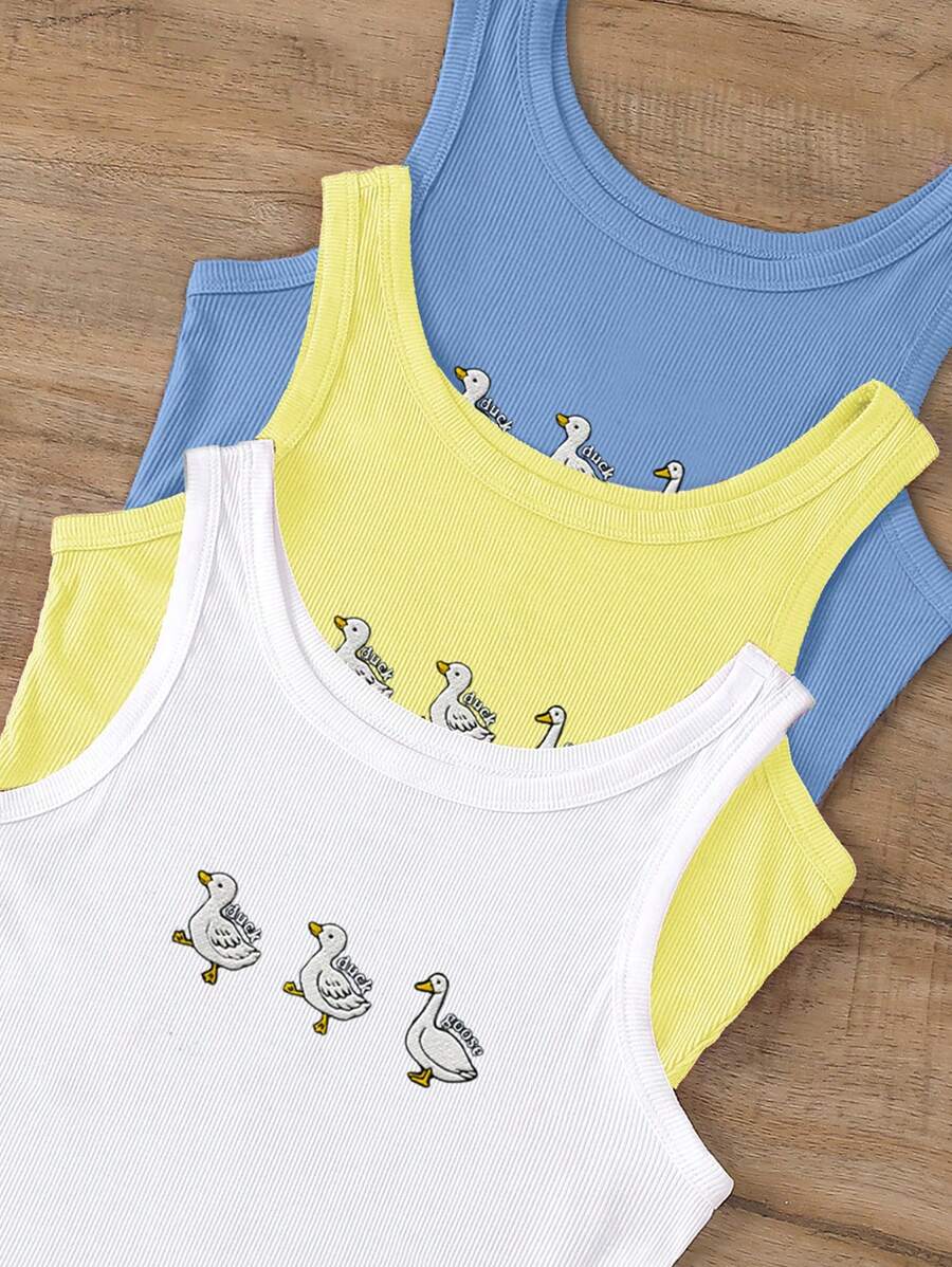 INAWLY 3pcs/Set Slogan & Duck Embroidery Round Neck Tank Top For Women - Multicolor - View 1