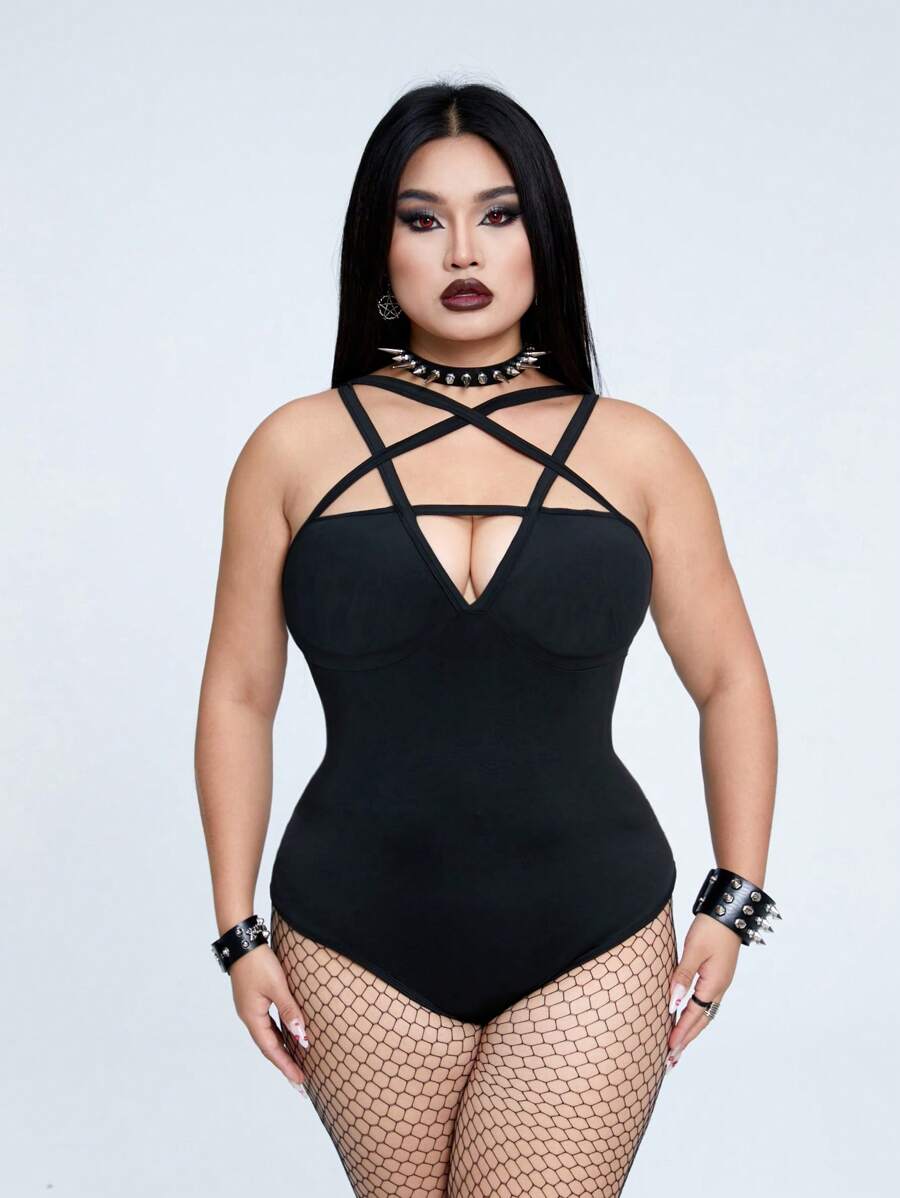 Whyspr Bộ đồ liền thân gợi cảm hình ngôi sao năm cánh màu trơn Punk Rave cỡ lớn dành cho nữ - màu đen - Xem 1