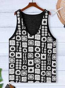 Manfinity Chillmode Men's Casual Knitted Sleeveless Tank Top With V-Neck And Geometric Pattern - Black - View 1