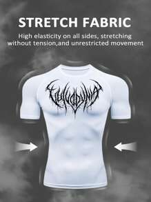 Manfinity Sport Corelite 男式撞色印花插肩袖修身运动 T 恤健身服跑步 T 恤和背心健身上衣健身上衣压缩衬衫透气修身衬衫圆领