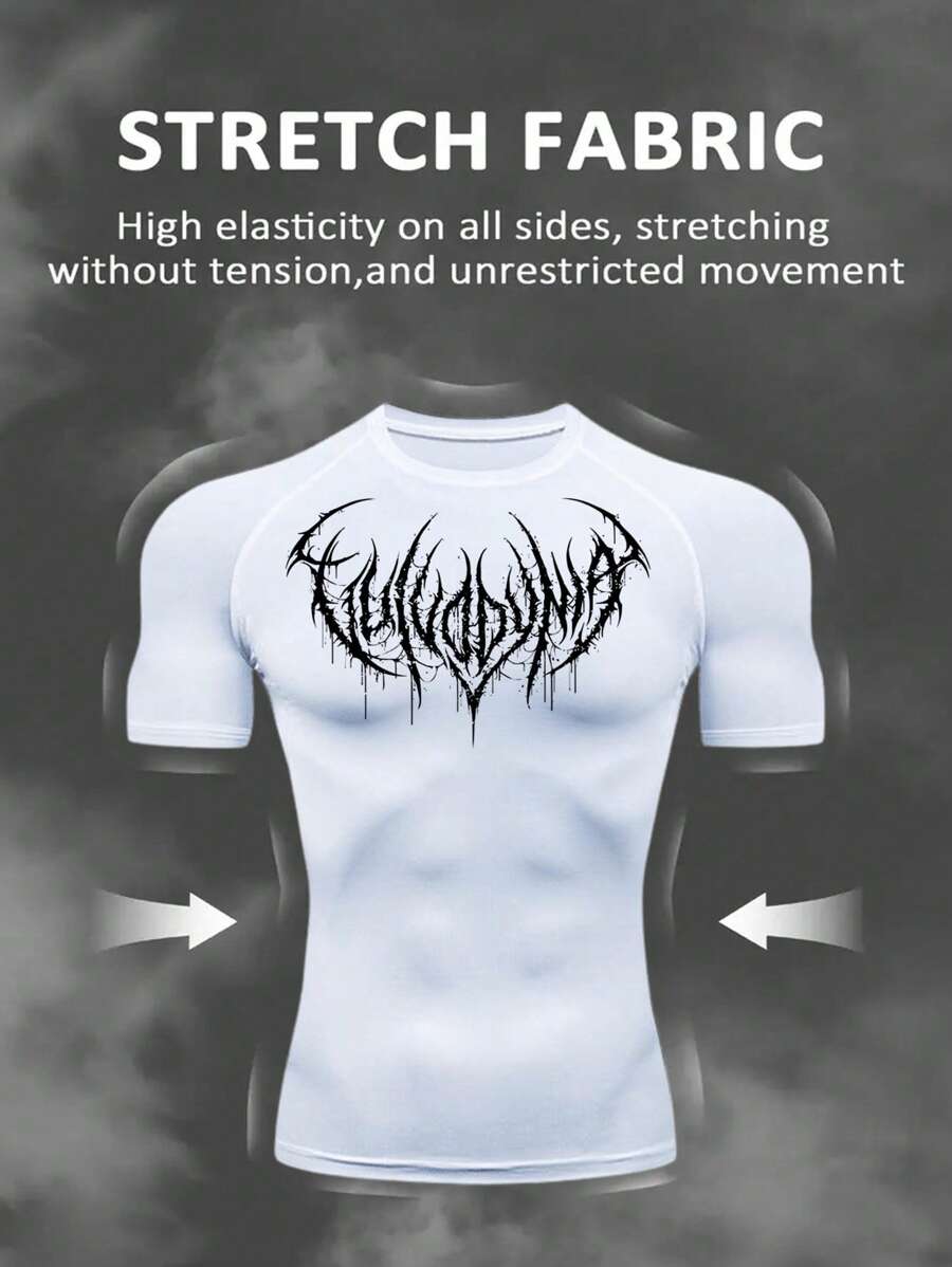 Manfinity Sport Corelite 男式撞色印花插肩袖修身运动 T 恤健身服跑步 T 恤和背心健身上衣健身上衣压缩衬衫透气修身衬衫圆领