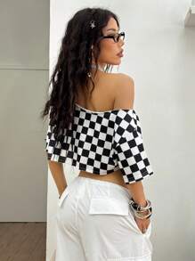 Coolane Camiseta suelta con cuello asimétrico de estilo vintage Y2K a cuadros, para el estilo callejero de verano de las mujeres en festivales de música