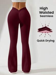Easithlete Women Solid Color Ruched Waist Flared Sports Pants For Chinese New Year - Burgundy - View 2