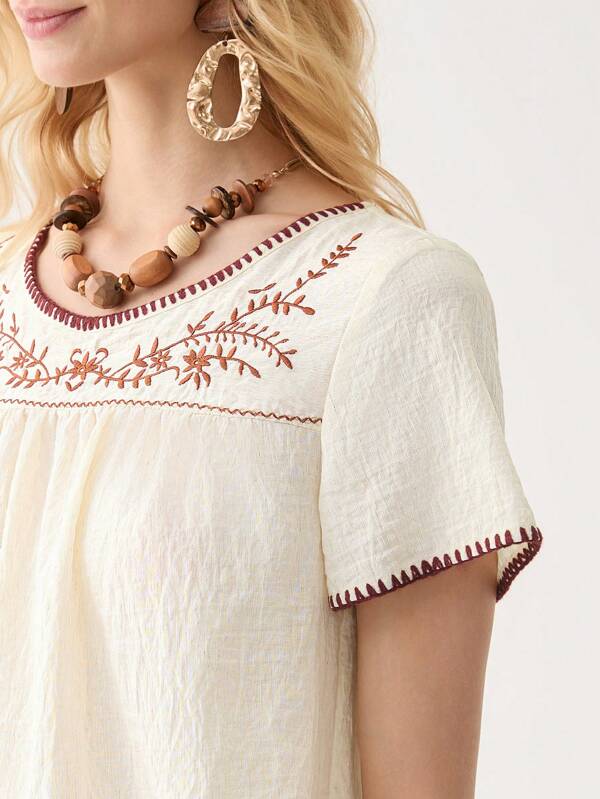 Florisole Women's Summer Bohemian Style Embroidered Round Neck Short Sleeve Casual Apricot Shirt