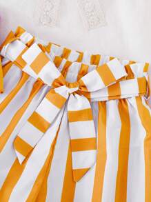 SHEIN Knot Hem Tank Top & Striped Paperbag Waist Belted Short - Yellow - View 4
