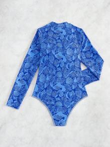 Swim SPRTY 1pc Summer All-In-One Allover Print Long Sleeve Casual Sports Swimsuit With Zipper, Vacation Beach Wear For Women - Blue - View 4