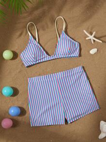 Swim Vcay 2 件套女士泳衣，时尚条纹图案，舒适平角裤，高腰性感比基尼套装，适合海滩游泳