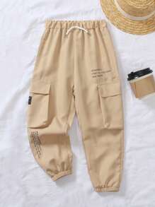Young Boy Casual Sports Utility Cargo Pants, Comfortable Fabric, Suitable For Daily Wear In Spring, Summer, Autumn - Khaki - View 1