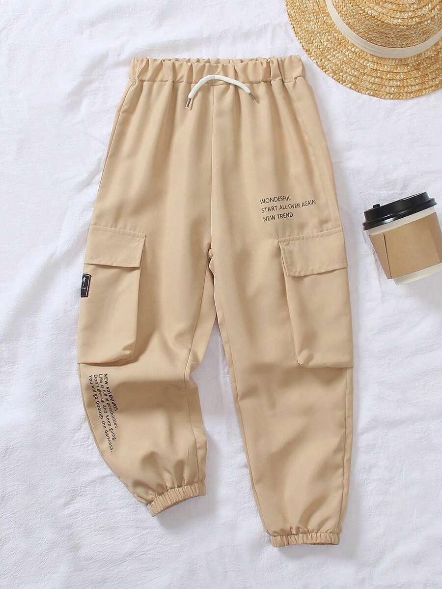 Young Boy Casual Sports Utility Cargo Pants, Comfortable Fabric, Suitable For Daily Wear In Spring, Summer, Autumn - Khaki - View 1
