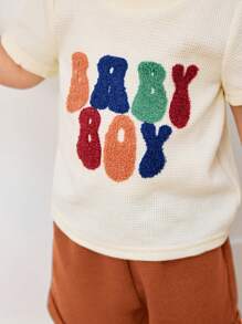 Cozy Pixies 2pcs Baby Boy Letter Pattern Soft Knit Crew Neck Short Sleeve Top And Elastic Waist Shorts Set - Multicolor - View 11