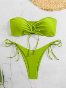 SHEIN Swim Women's Summer Beach Solid Color Bandeau Tie Front Sexy Bikini Swimsuit Set, Wireless - Olive Green - View 3