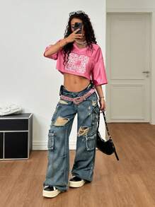 SHEIN Coolane Áo thun cổ chữ V rộng rãi họa tiết số Bonds thường ngày mặc dạo phố mùa hè dành cho nam và nữ - Màu Hồng Tươi - Xem 6