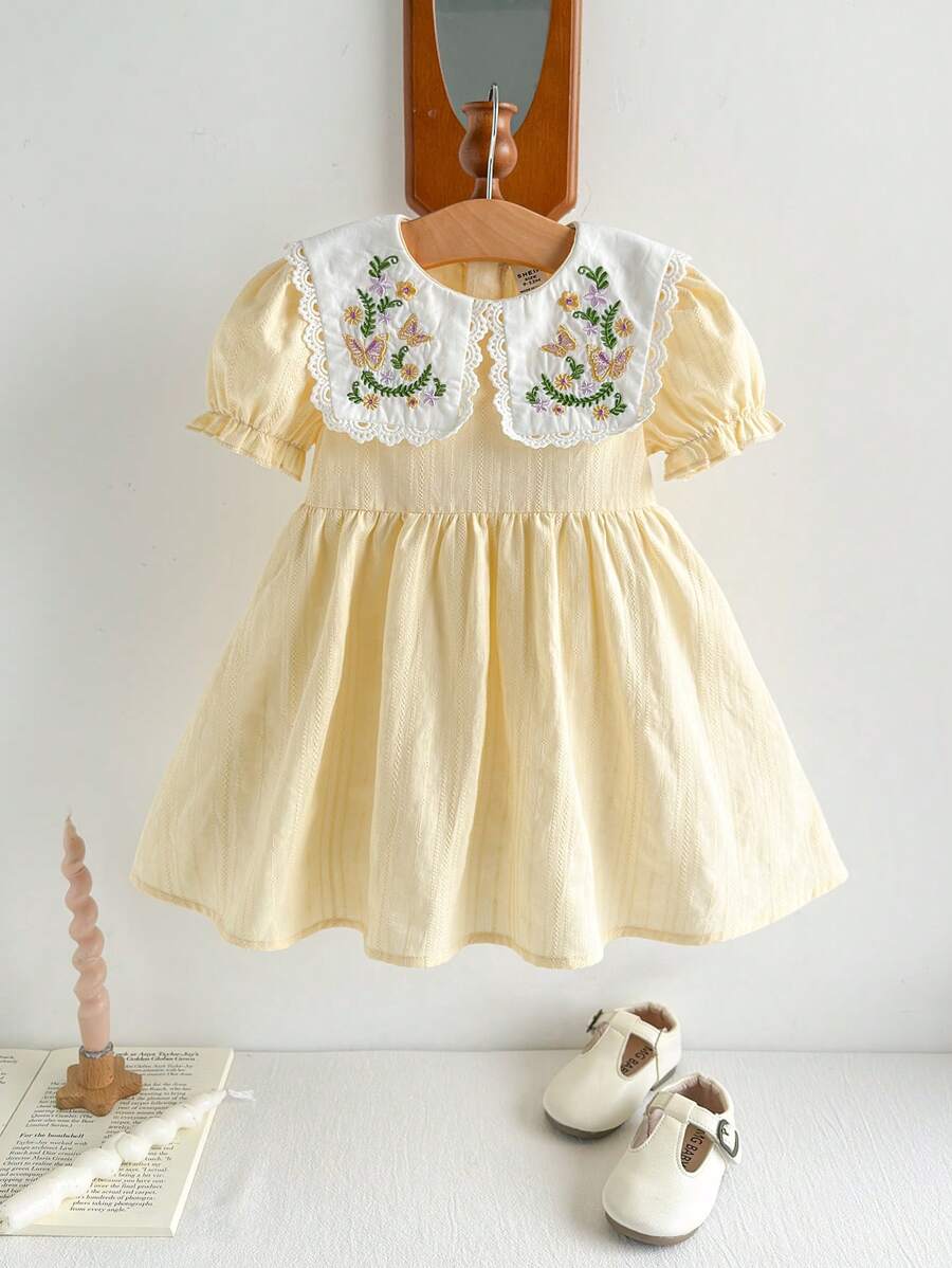 Cozy Pixies Baby Girl Floral Print Collared Puff Sleeve Cinched Waist Dress - Yellow - View 1