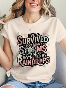 SHEIN LUNE Too Many Storms Plus Size Short Sleeved T Shirts - Beige - View 3