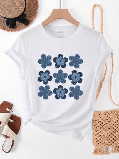 INAWLY 女士花卉印花休闲宽松圆领短袖 T 恤