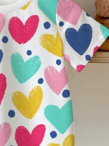 SHEIN 可爱甜美手绘彩色心形印花少女休闲简约圆领短袖T恤适合夏季 - 彩色 - 查看 5