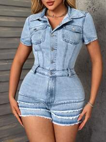 SHEIN SXY Women's Casual Denim Bib Pants And Jumpsuit For Outdoor Travel - Blue - View 1