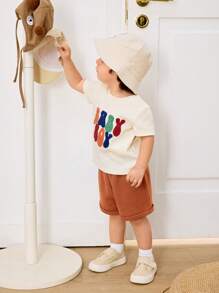 Cozy Pixies 2pcs Baby Boy Letter Pattern Soft Knit Crew Neck Short Sleeve Top And Elastic Waist Shorts Set - Multicolor - View 6