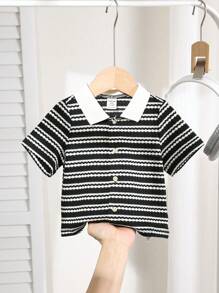 SHEIN Cute Striped Polo Short Sleeve Top For Babies, Summer Versatile - Black and White - View 1