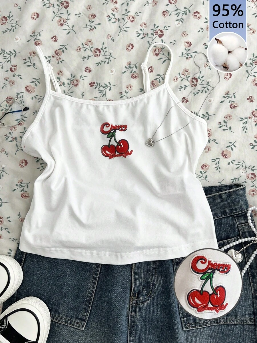 Attitoon Soft Comfortable Cherry Embroidery Pattern Tight-Fitting 95% Cotton Camisole Tank Top, Suitable For Spring And Summer,Embroidery - White - View 1