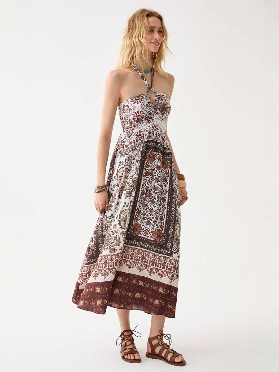Florisole Women Summer Bohemian Backless Halter Tie Casual Floral Print Dress - Multicolor - View 1