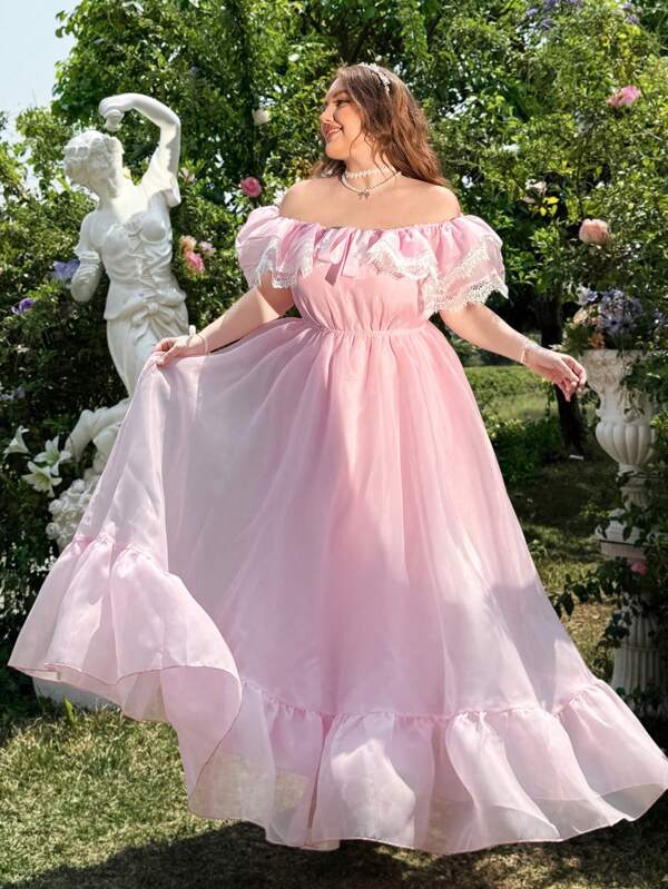 Lyrianda Rochie lungă în formă de A din organza cu dantelă cu umăr dezactivat, rochie de tort din dantelă stratificată cu tiv extra voluminos, rochie romantică de domnișoară de onoare roz elegantă, nuntă, rochie de vacanță pentru femei