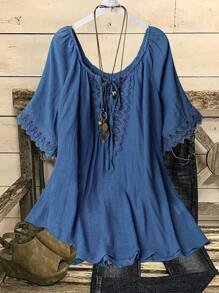 Linhara Plus Size Loose Casual Linen Patchwork Lace Trim Shirt - Blue - View 1