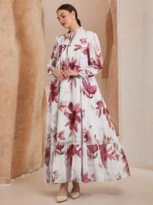 Graceveil Women's Floral Print Ruffled Tie Neck Dress For Vacation Fall Cloth For Women - Red - View 5