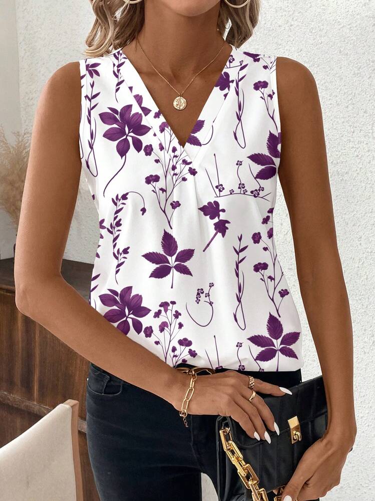SHEIN Clasi Casual Floral Pattern V-Neck Tank Top For Women, Suitable For Summer Suitable For Going Out - Multicolor - View 5