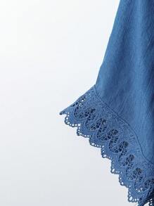 Linhara Plus Size Loose Casual Linen Patchwork Lace Trim Shirt - Blue - View 4