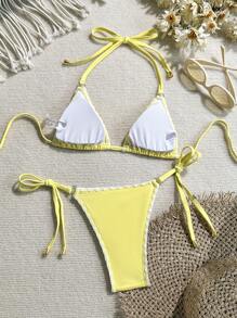 SHEIN Swim Women's New Sexy Solid Color Halter Triangle Back Tie Cutout Triangle Bottoms With Side Tie Bikini Set, Suitable For Summer Beach - Yellow - View 2