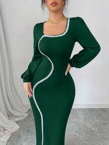 Modelyn Gaun Wanita Lengan Panjang Berkerah Persegi dengan Hiasan Pita Payet, Pakaian Musim Gugur untuk Wanita - Dark Green - View 3