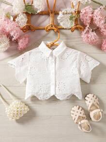 SHEIN Babygirl Shirt Top, Woven Short Sleeve Embroidered Collar Blouse, Suitable For Vacation, Outing, Countryside And More
