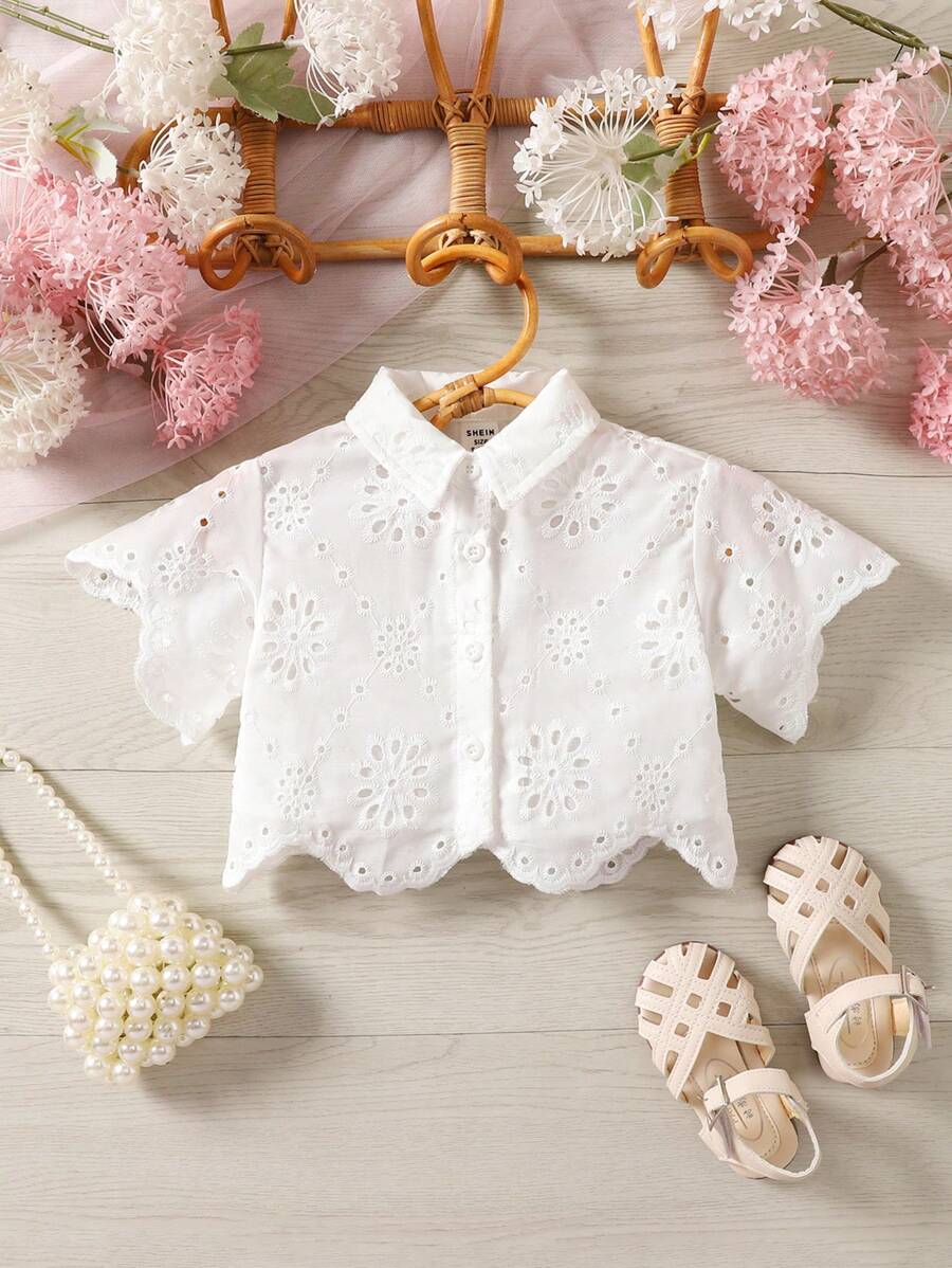 SHEIN Babygirl Shirt Top, Woven Short Sleeve Embroidered Collar Blouse, Suitable For Vacation, Outing, Countryside And More