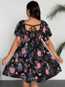 Flirla 方领套头碎花连衣裙，夏季时尚 - 黑色 - 查看 2