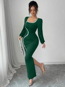 Modelyn Gaun Wanita Lengan Panjang Berkerah Persegi dengan Hiasan Pita Payet, Pakaian Musim Gugur untuk Wanita - Dark Green - View 5