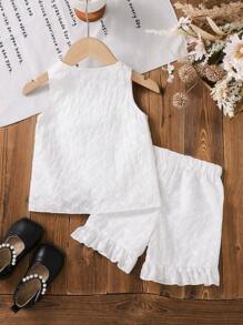 SHEIN Baby Girls Vacation White Textured Embroidered Sleeveless Asymmetrical Hem Shorts, Loose Matching Set Suitable For Travel And Holiday - White - View 2