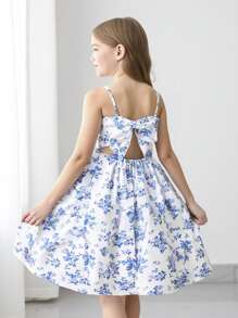 SHEIN Leap Crew Vestido corto de línea A con estampado floral azul y blanco con lazo en la espalda, apropiado para niña preadolescente en otoño/invierno, para fiesta/uso diario/vacaciones - Azul - Ver 5