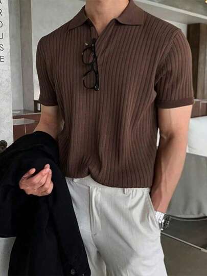 Claim Dot Men's Solid Color Rib-Knit Polo Shirt, Old Money Style