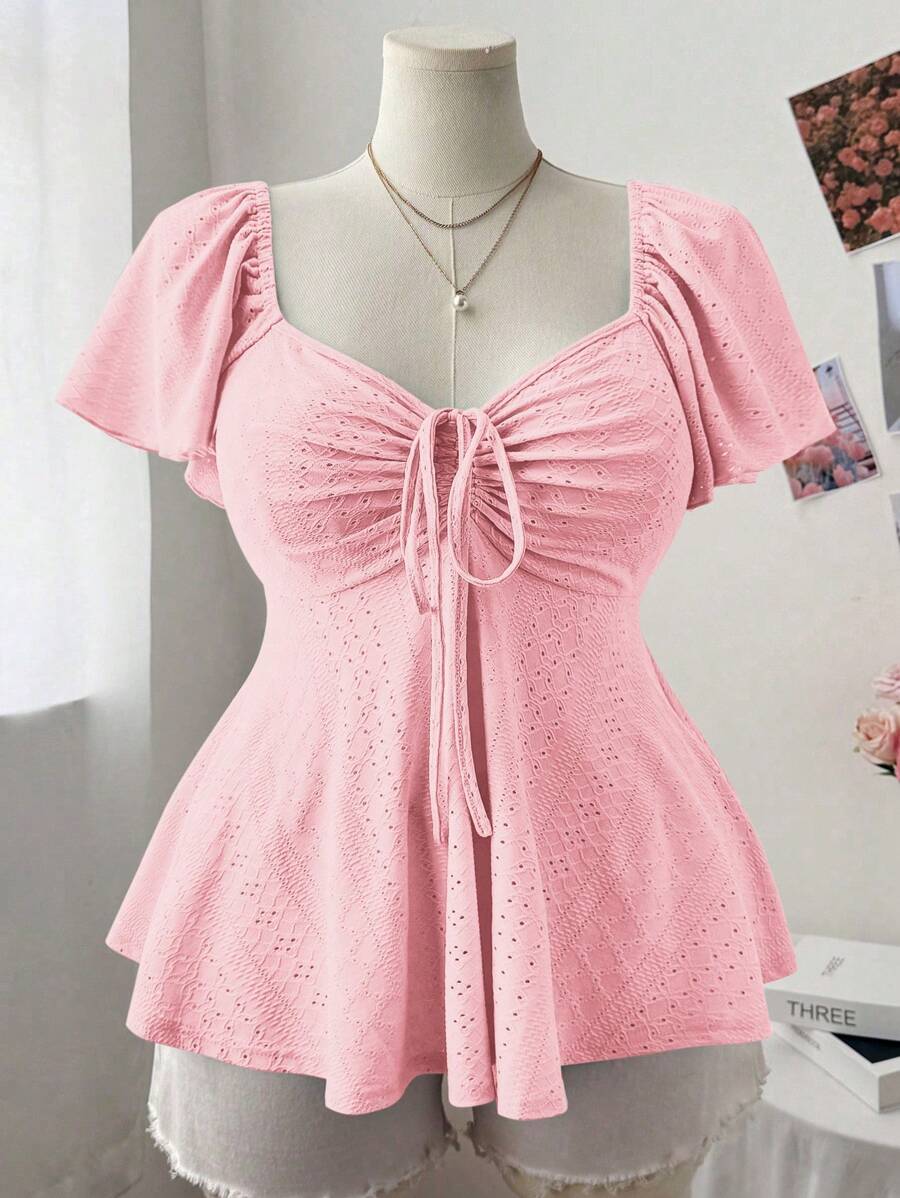 Lyrianda 大码女式方领盖袖纹理休闲可爱优雅 A 字型 T 恤 - 粉色 - 查看 1