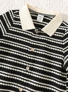 SHEIN Cute Striped Polo Short Sleeve Top For Babies, Summer Versatile - Black and White - View 5
