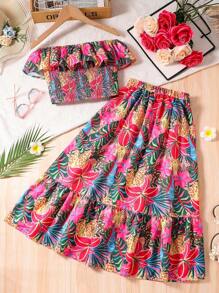 2pcs/Set Tween Girl Casual Tropical Print Ruffled Off Shoulder Crop Top & Long Skirt Set - Multicolor - View 2