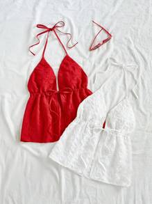 Soleia 2pcs/Set Women Casual Backless Ruched Halter Tie Knot Cami Top Set, Suitable For Summer, Vintage Retro Style, Casual Holiday Style, Sexy Style, Cute Y2K Coconut Girl Boho Music Festival Styles